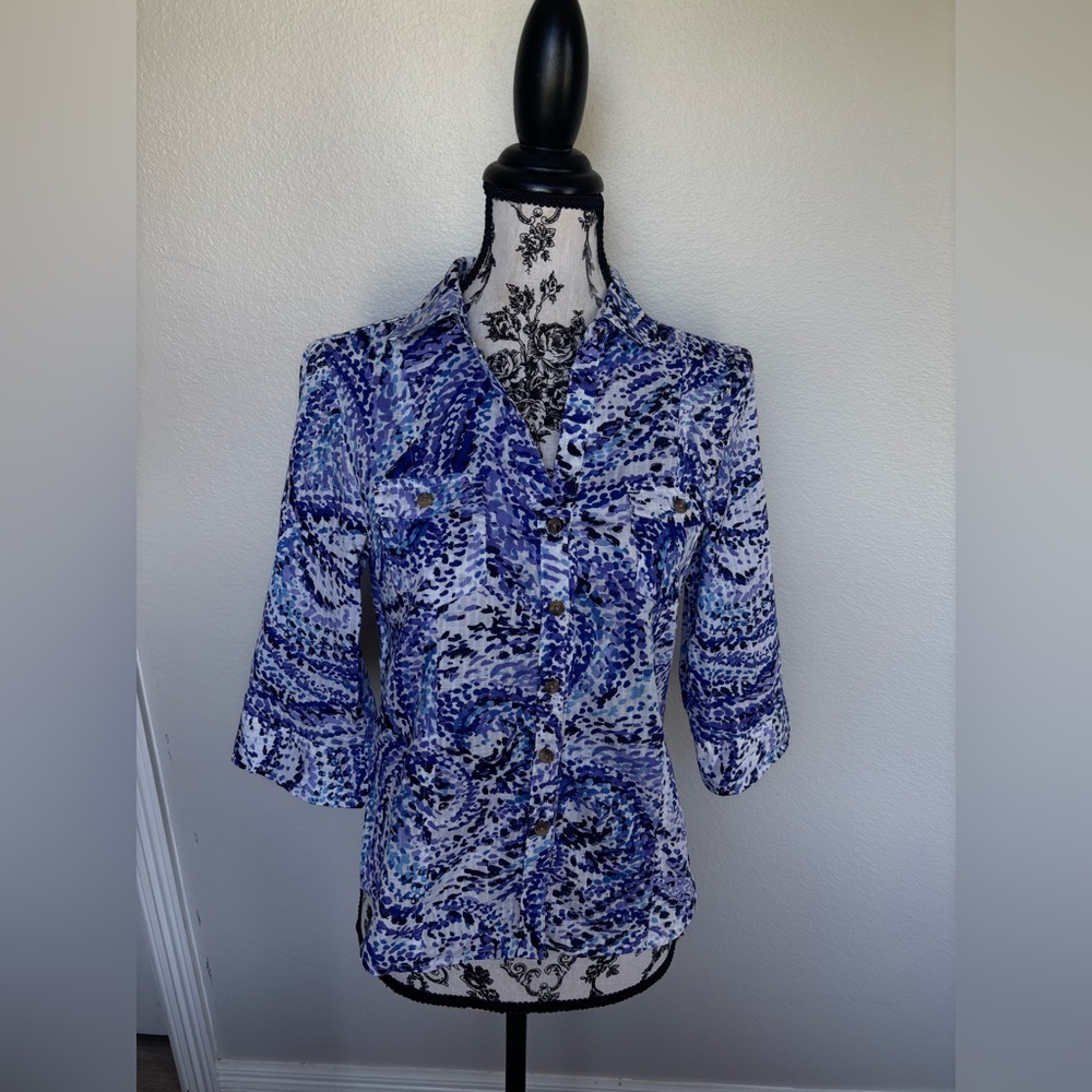 Karen Scott Blue & White Swirl Button-Front Shirt - Picture 2 of 12